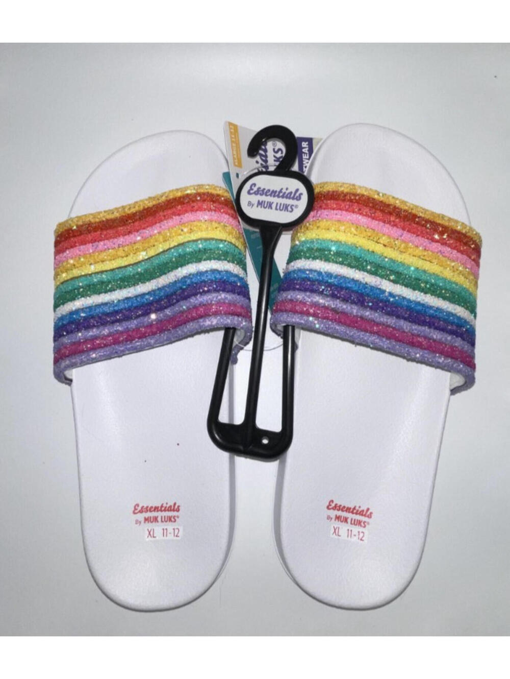NWT Essentials Muk Luks Women's Rainbow Glitter Slide Sandals XL 11-12 Sparkle